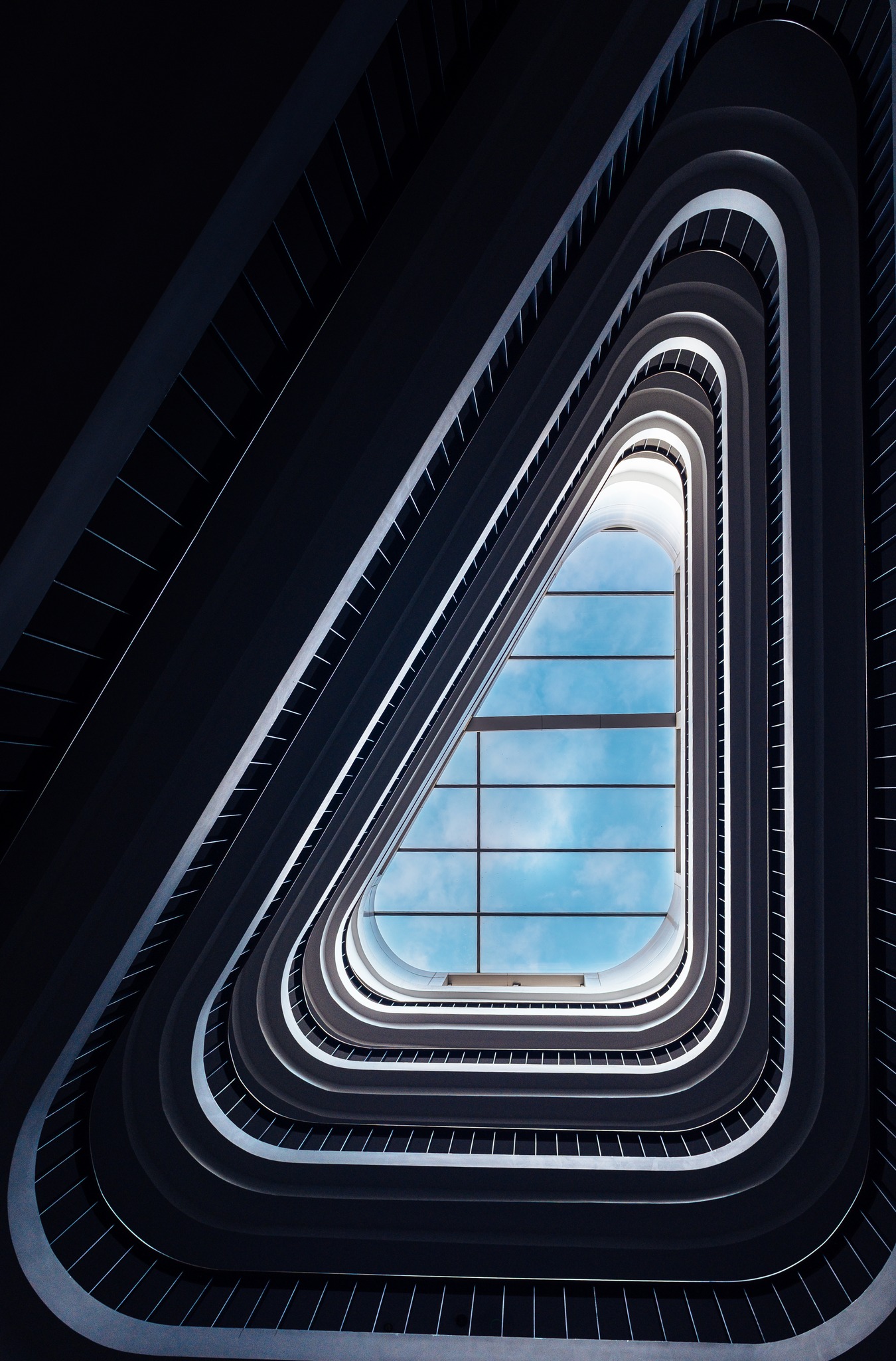 The Boss Building atrium, looking up through the triangular skylight
